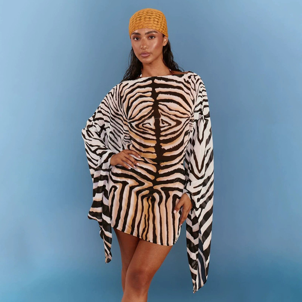 Zara Casual Striped Print Flare Sleeve Mini Beach Skirt